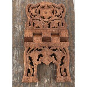 Vintage Teak Wood Book Holder Kitchen Stand Hand Carved Floral Leaf Design Foldi